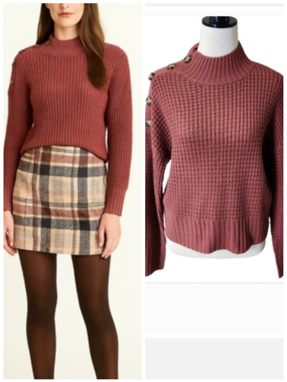 Full Circle Trends turtleneck waffle knit cropped sweater w/ buttons size large